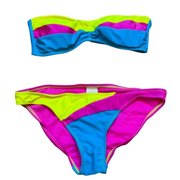 Y2K Xhilaration Womens Neon Colorblock Sparkly Bikini Top & Bandeau Set Size S - Picture 1 of 8